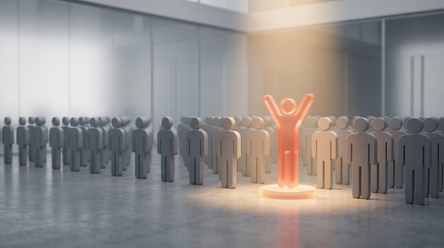 Glowing orange figure standing out from a crowd of grey people in a modern office space.