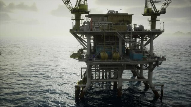 Offshore oil rig platform seen from distance with cranes and tanks visible, sea expanse surrounding structure, soft cloudy light and sense of isolation
