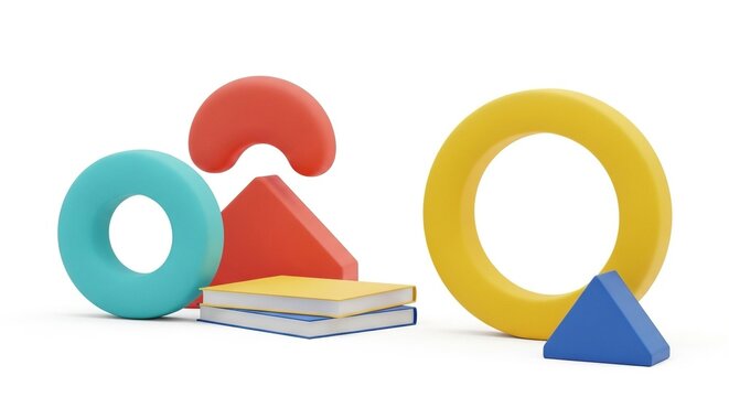 Colorful Geometric Shapes and Books Still Life on White Background, Modern Design