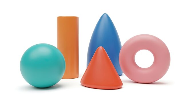 Modern Geometric Shapes: Sphere, Cylinder, Cones, and Torus in Pastel Colors on White Background