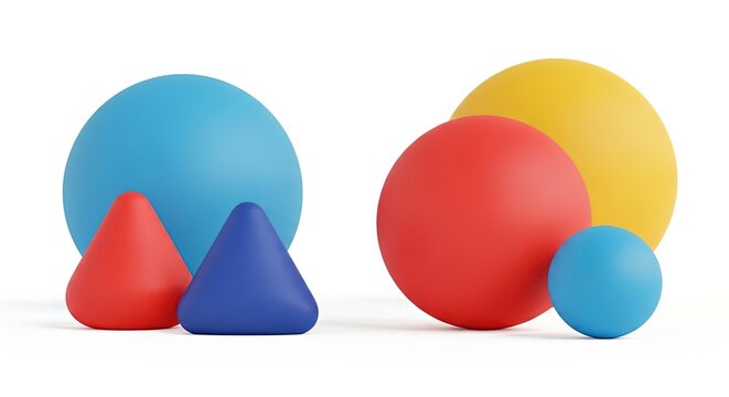 Vibrant 3D Geometric Shapes: Spheres and Cones in Primary Colors on White Background