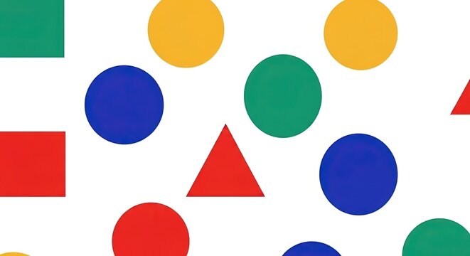 Vibrant Geometric Shapes Pattern: Circles, Squares, Triangles in Solid Colors on White Background