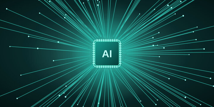 An abstract representation of Artificial Intelligence, with an AI chip at the center radiating luminous lines of data and connections.
