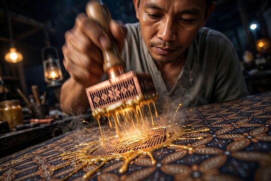 Southeast Asian artisan making traditional batik by stamping hot glowing wax onto fabric in a dark workshop