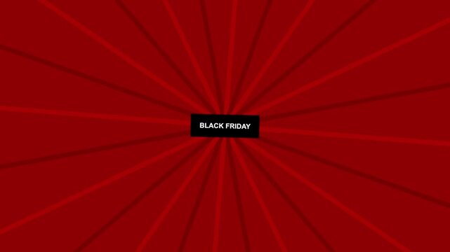 Animated Black Friday banner text over a rotating red sunburst background for promotional sales.