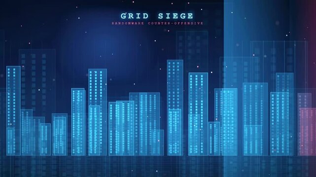 Abstract digital city skyline with shifting red and blue glowing data bars and cyber grid