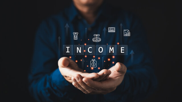 Businessman cupping hands with virtual glowing hologram of text INCOME, upward arrows, and money icons. Concept of business profit, wealth growth, digital investment, and economic success.