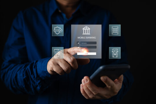 Man using a mobile banking application on smartphone with futuristic virtual login interface. Concept of secure online transaction, financial technology, and digital cybersecurity.