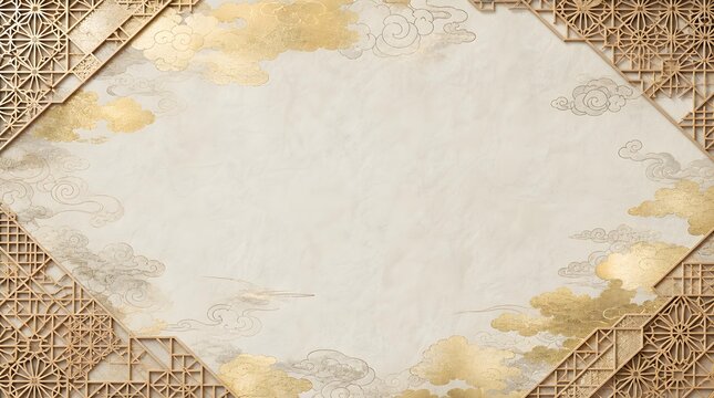 Japanese Kumiko Wood Lattice Corner Golden Clouds Vintage Engraving Background