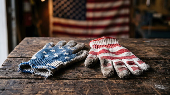 Labor Day USA Worn American Flag Pattern Work Gloves on Rustic Wooden Table with American Flag Background