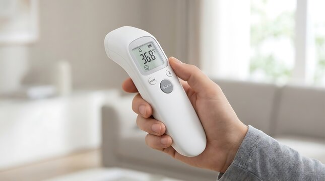 A hand holding a white digital infrared thermometer to measure body temperature in a bright living room at home