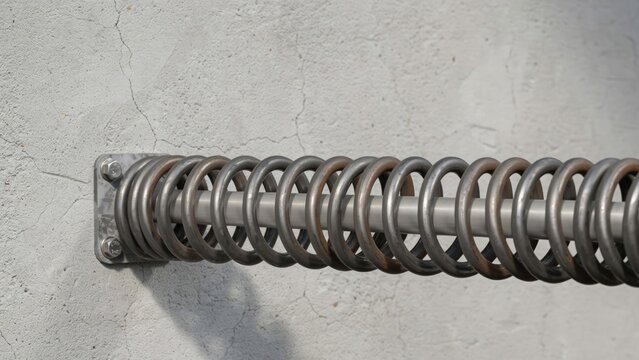 Close up view of a heavy duty metal coil spring isolated against a neutral gray background surface