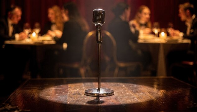Closeup medium view of a vintage microphone stand centered on a small raised cabaret platform bokeh of patrons enjoying dinner softly blurring the scene.