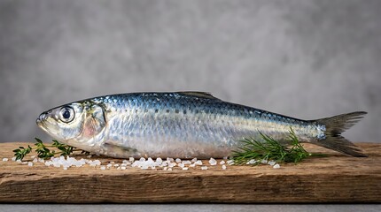 Naklejka premium Fresh whole silver herring fish lying on a rustic wooden cutting board with sea salt and green herbs for cooking