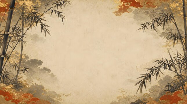 Japanese Bamboo Forest Stalks Red Clouds Vintage Engraving Background