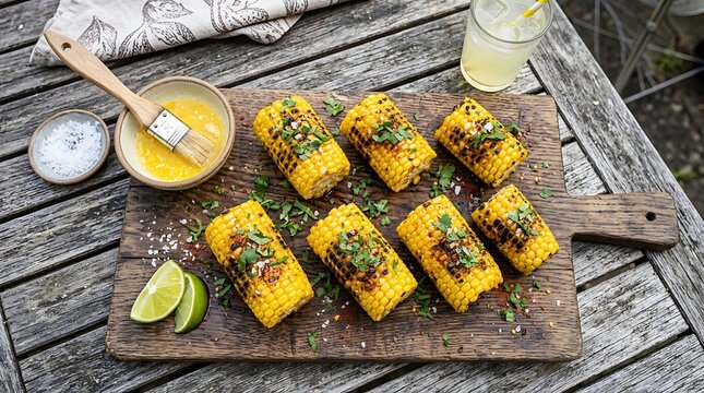 Grilled corn on the cob pieces with herbs and lime served on a rustic wooden board for a summer outdoor picnic