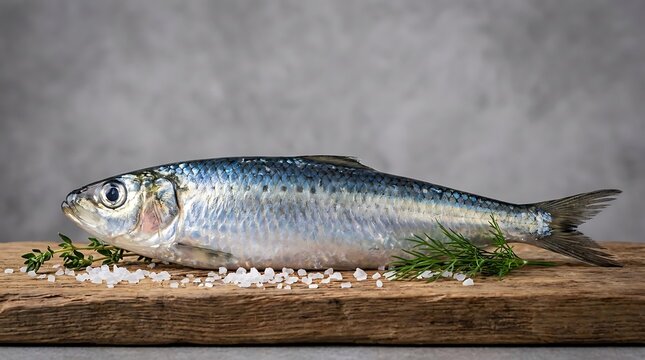 Fresh whole silver herring fish lying on a rustic wooden cutting board with sea salt and green herbs for cooking