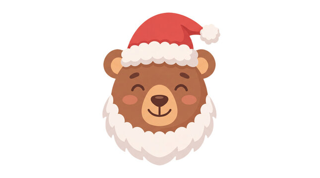 Cute Christmas bear face wearing Santa hat with fluffy white beard, smiling holiday animal character isolated on transparent background as festive cutout PNG