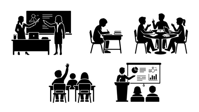 Black and white line illustration showing diverse classroom scenarios with teachers instructing students in different learning environments.