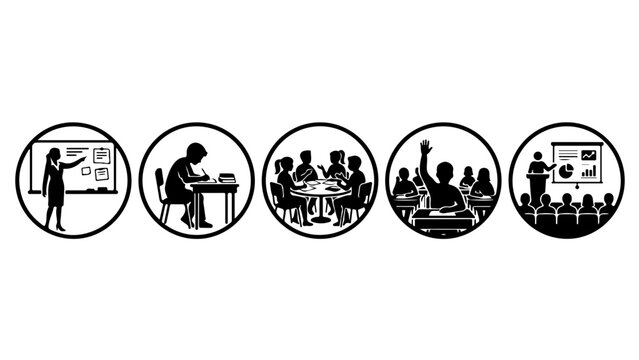 Five circular black and white icons depicting various classroom teaching activities including lectures, group discussions, and presentations.