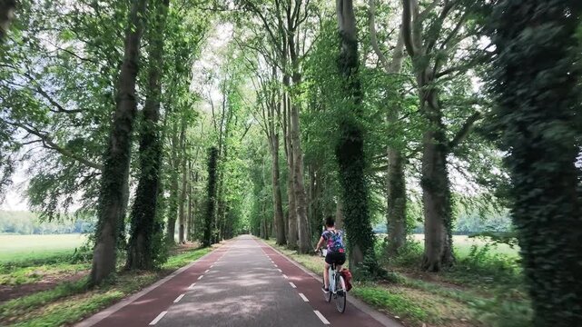 Woman cycling through Dutch countryside
