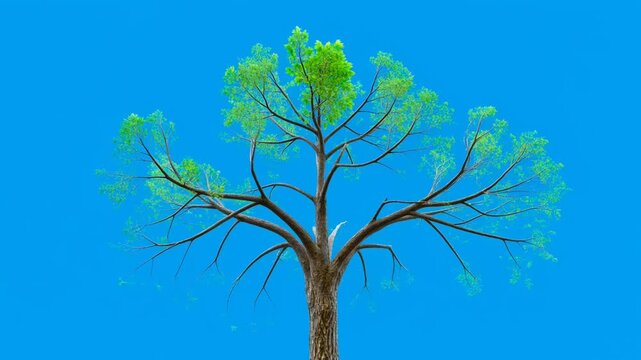 Time lapse animation of a tree growing from a sapling to a full canopy against a blue screen background.