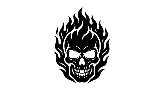 Flaming skull silhouette against a white background displays a gothic design