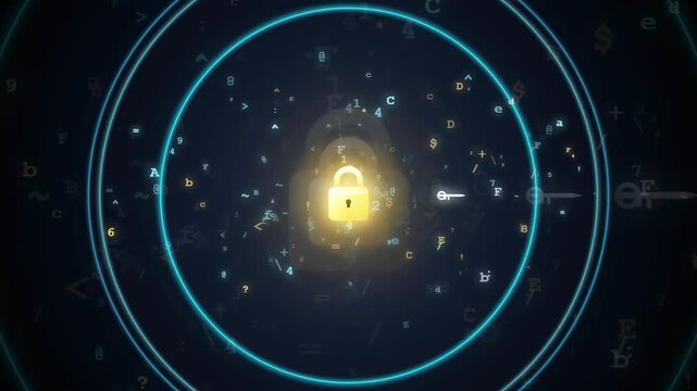 Digital security concept with glowing golden padlock and floating data characters on dark blue background