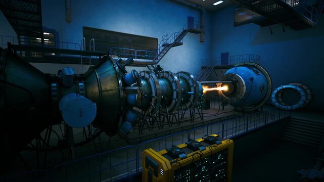 Nighttime propulsion test chamber, torch flame spouting from nozzle, dark lab walkway, glow reflections on metal, diagnostics panel illuminated, sensor arrays,