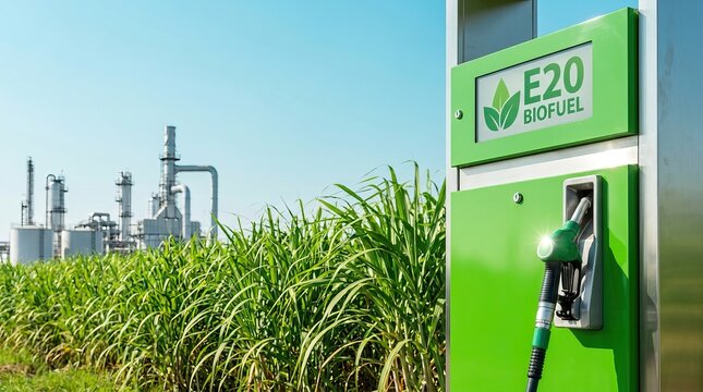E20 biofuel pump and gas station in front of sugarcane field and refinery plant.