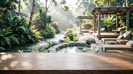Fototapeta premium Tropical Resort Poolside View with Wooden Deck and Lush Greenery for Relaxation Concept