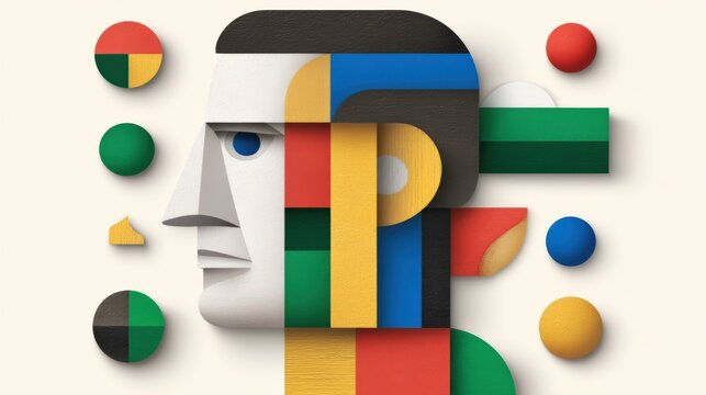 A modern abstract artwork featuring a geometric human face composed of colorful shapes and blocks with a textured effect on a light background.