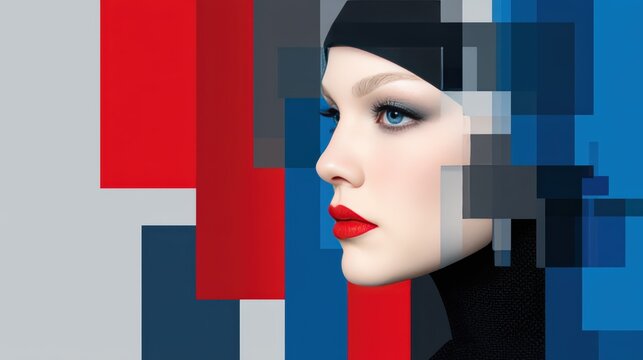 A digital art portrait of a woman with striking blue eyes and red lips, blended with abstract pixelated blocks in red, blue, and gray tones.