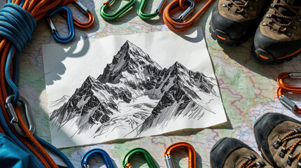 Obraz premium Flat lay of mountaineering gear, drawing of mountain peak for expedition planning. Pro hiking equipment lies on topographic map surface. Climber supplies like rope carabiner boot help prepare for