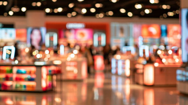Warm blurred premium beauty store with orange illuminated counters, cosmetic displays, ceiling spotlights and shoppers for makeup retail marketing, skincare promotion and commercial background use