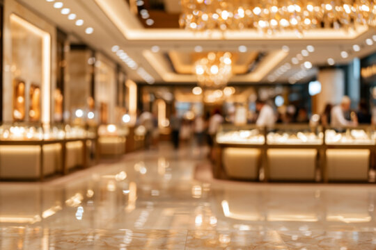 Blurred luxury jewelry showroom with golden chandeliers, illuminated glass counters, marble flooring and shoppers for premium retail advertising, elegant shopping and commercial background use