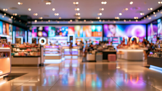 Bright blurred cosmetics showroom with colorful wall displays, illuminated makeup counters, glossy floor and shoppers for beauty retail advertising, skincare marketing and premium store background use