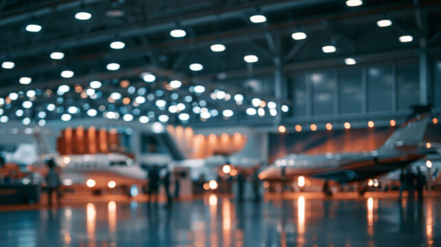 Blurred private jet exhibition hall with luxury aircraft, blue and orange lighting, visitors and reflective floor for aviation business advertising, aerospace events and premium travel background use