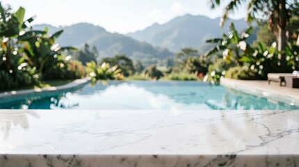 Fototapeta premium Luxury Pool with Mountain View and Marble Counter for Web Design