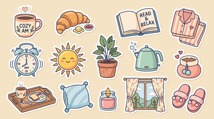 Vibrant vector graphic collection featuring various cozy morning routine elements including steaming coffee delicious croissants alarm clock and soft comfortable slippers