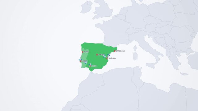 Spain and Portugal Travel Route on Light Map, Porto Lisbon Seville Madrid Barcelona Animated Motion Graphics Seamless Loop, 4K
