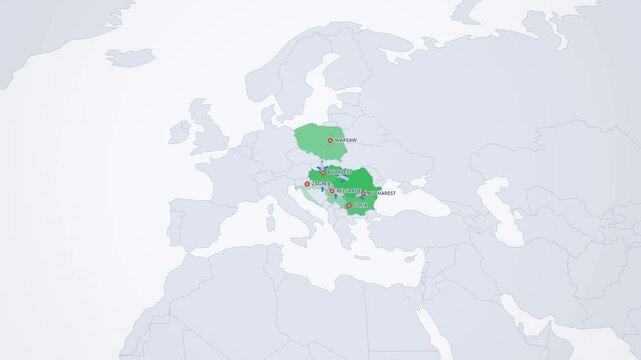 Eastern Europe Capitals Travel Route on Light Map, Warsaw Budapest Bucharest Sofia Animated Motion Graphics Seamless Loop, 4K