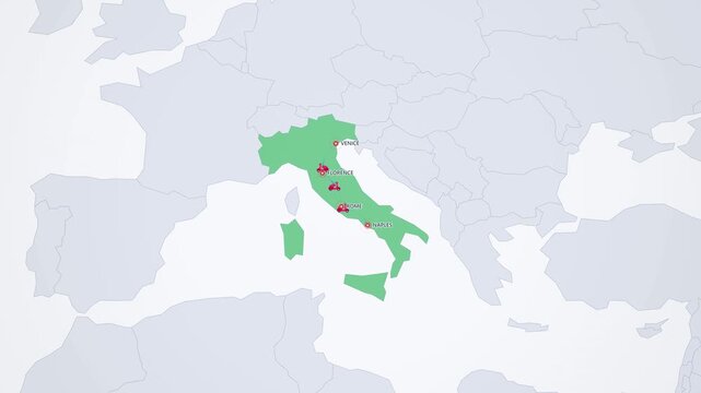 Italy Grand Tour on Light Map, Venice Florence Rome Naples Scooter Route Animated Travel Motion Graphics Seamless Loop, 4K