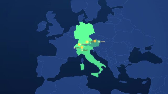 Alpine Business Network on Corporate Map, Zurich Munich Milan Geneva Vienna Animated Finance Motion Graphics Seamless Loop, 4K