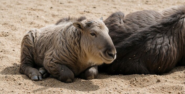 Young takin calf rests on sandy ground next to adult animal. Rare goat antelope sits in enclosure at zoo. Budorcas taxicolor species thick fur small horns hooves. Wildlife creature enjoys sunny day