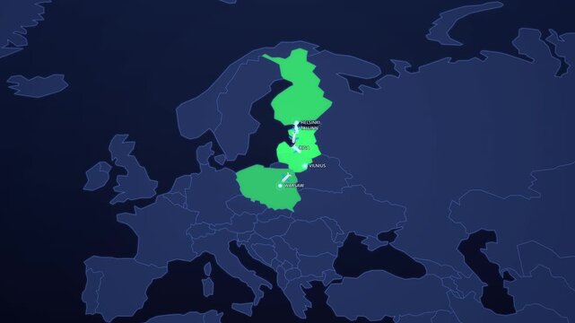 Baltic Capitals Travel Route on Neon Map, Helsinki Tallinn Riga Vilnius Warsaw Animated Motion Graphics Seamless Loop, 4K