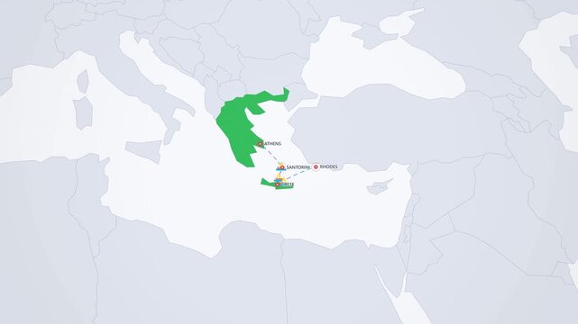 Greek Islands Sailing Route on Light Map, Athens Santorini Crete Rhodes Animated Travel Motion Graphics Seamless Loop, 4K