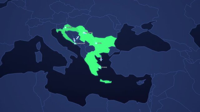 Balkan Travel Route on Neon Map, Zagreb Dubrovnik Belgrade Sofia Athens Animated Motion Graphics Seamless Loop, 4K