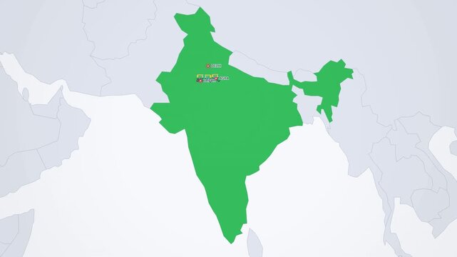 India Golden Triangle on Light Map, Delhi Agra Jaipur Tuk Tuk Route Animated Travel Motion Graphics Seamless Loop, 4K