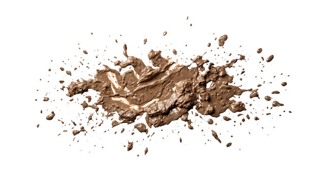 Realistic brown mud splash with flying dirt droplets and wet clay texture isolated on transparent background for messy impact and outdoor adventure designs